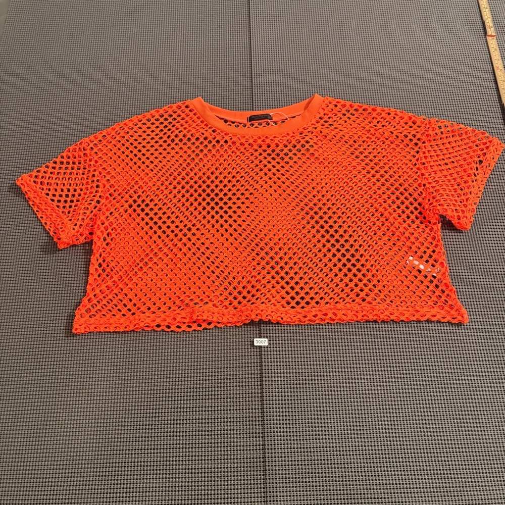 Avidlove Women Neon Orange Fishnet Mesh Crop Top Short Sleeve Size M